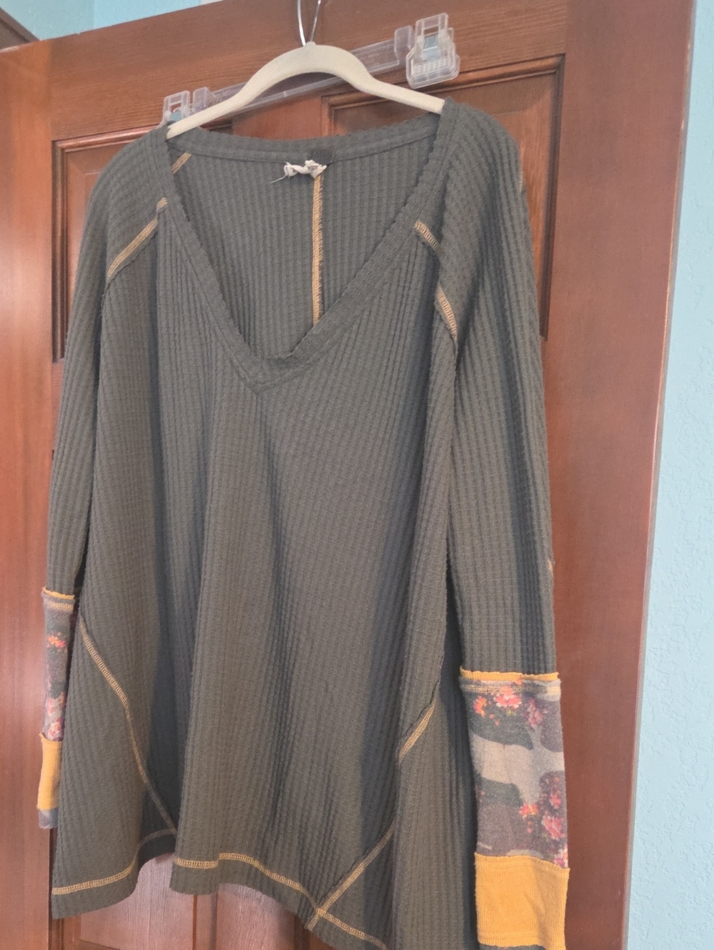 We The Free Olive Green V-Neck Waffle Tunic with Floral Cuffs